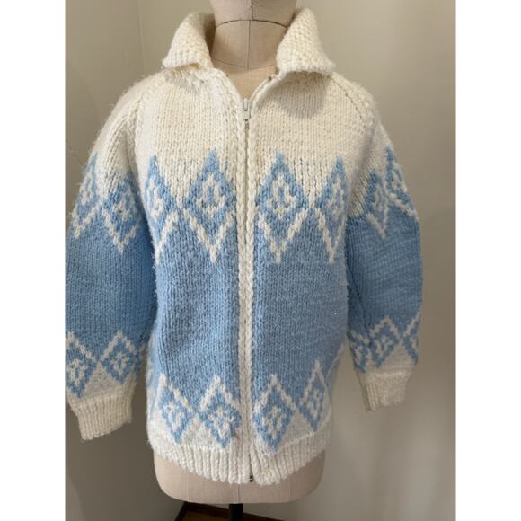 VTG 70s Cowichan Knitted Sweater Cardigan Snow White BlueWestern Cowboy Large - Picture 8 of 10
